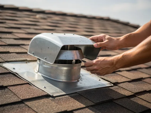 Heath Dryer Vent Cleaning certified technician safely cleaning a roof-mounted dryer vent in Heath