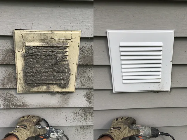 Heath Dryer Vent Cleaning technician installing high-quality dryer vent cover at a residential property in Heath