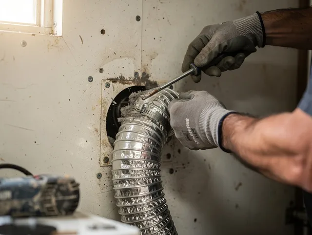 Heath Dryer Vent Cleaning technician performing precise dryer vent hose installation in Heath